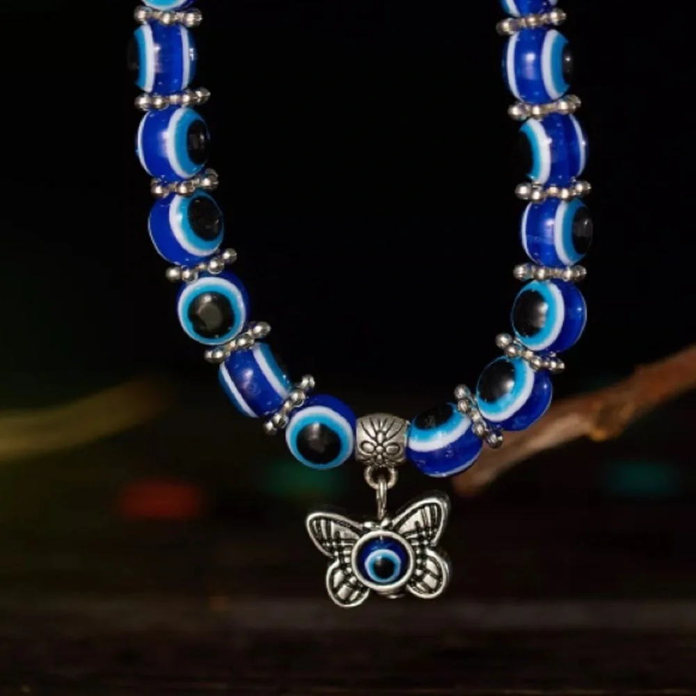 NWT Bright Blue Black Beaded Butterfly Lucky Bracelet Meditation - Picture 7 of 8